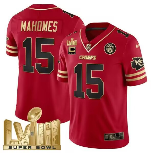 Men's Kansas City Chiefs #15 Patrick Mahomes Red With Gold Super Bowl LVIII Patch And 4-Star C Patch Vapor Untouchable Limited Football Jersey